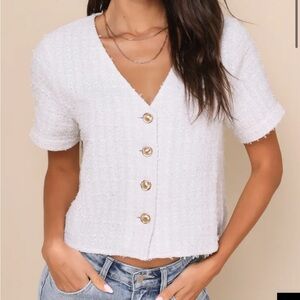 Tweed Button Up White Short Sleeve Top